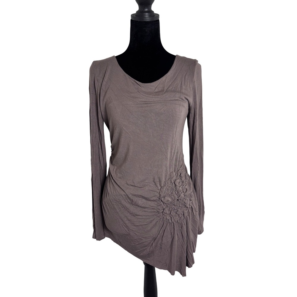 Peruvian Connection Tunic Top Women Medium Taupe Very Good Asymmetrical Rosette